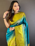 Blue With Green  Soft Silk Saree With Blouse Piece