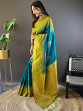 Blue With Green  Soft Silk Saree With Blouse Piece