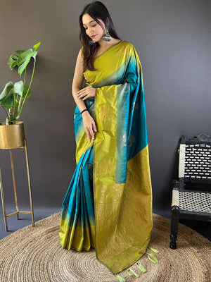 Blue With Green  Soft Silk Saree With Blouse Piece