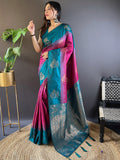 Pink And Blue Soft Silk Saree With Blouse Piece