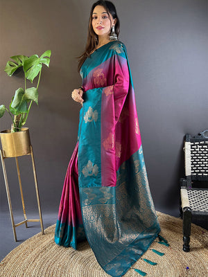 Pink And Blue Soft Silk Saree With Blouse Piece