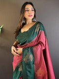 Mehandi And Maroon Soft Silk Saree With Blouse Piece