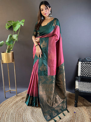 Mehandi And Maroon Soft Silk Saree With Blouse Piece