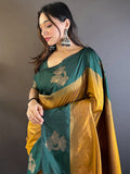 Mehandi And Yellow Soft Silk Saree With Blouse Piece