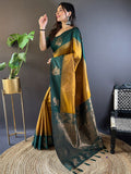 Mehandi And Yellow Soft Silk Saree With Blouse Piece