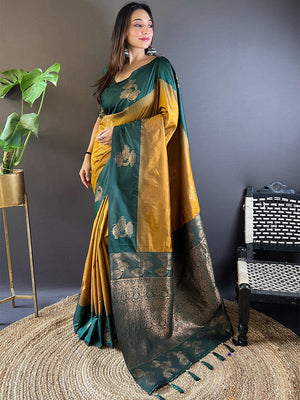 Mehandi And Yellow Soft Silk Saree With Blouse Piece