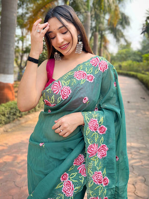 Sea Green Organza Silk Saree With Blouse Piece