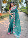 Sea Green Organza Silk Saree With Blouse Piece