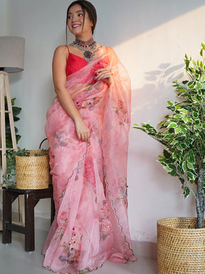 Pink Organza Saree With Blouse Piece