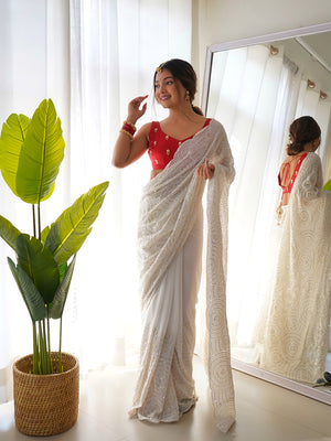 Off White Georgette Saree With Blouse Piece