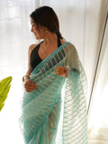 Sky Blue Organza Silk Saree With Blouse Piece