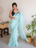 Sky Blue Organza Silk Saree With Blouse Piece