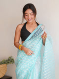 Sky Blue Organza Silk Saree With Blouse Piece