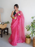 Pink Organza Silk Saree With Blouse Piece