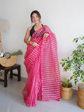 Pink Organza Silk Saree With Blouse Piece