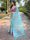 Blue Organza Saree With Blouse Piece