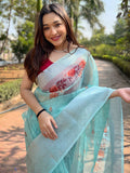 Blue Organza Saree With Blouse Piece