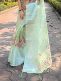 Pista Organza Saree With Blouse Piece