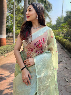 Pista Organza Saree With Blouse Piece