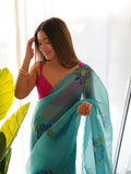 Sky Blue Organza Saree With Blouse Piece