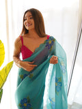 Sky Blue Organza Saree With Blouse Piece