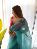 Sky Blue Organza Saree With Blouse Piece