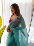 Sky Blue Organza Saree With Blouse Piece