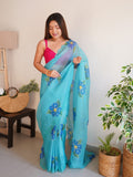 Sky Blue Organza Saree With Blouse Piece