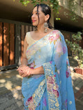 Sky Blue Georgette silk Saree With Blouse Piece