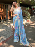 Sky Blue Georgette silk Saree With Blouse Piece