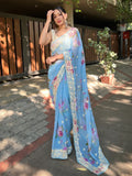 Sky Blue Georgette Saree With Blouse Piece