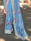 Sky Blue Georgette Saree With Blouse Piece