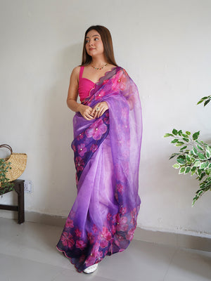 Purple Organza Saree With Blouse Piece