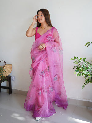 Baby Pink Organza Saree With Blouse Piece