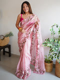 Peach Silk Blend Saree With Blouse Piece