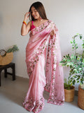 Peach Silk Blend Saree With Blouse Piece