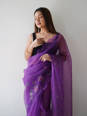 Purple Organza Saree With Blouse Piece