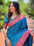 Sky Blue Paithani Silk Saree With Blouse Piece