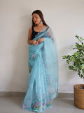 Sky Blue Organza Saree With Blouse Piece