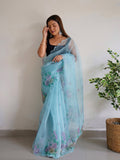 Sky Blue Organza Saree With Blouse Piece