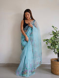 Sky Blue Organza Saree With Blouse Piece