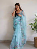 Sky Blue Organza Saree With Blouse Piece