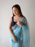 Sky Blue Organza Saree With Blouse Piece