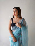 Sky Blue Organza Saree With Blouse Piece