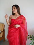 Red Organza Saree With Blouse Piece