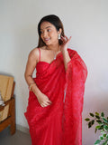 Red Organza Saree With Blouse Piece