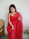 Red Organza Saree With Blouse Piece