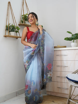 Grey Organza Saree With Blouse Piece