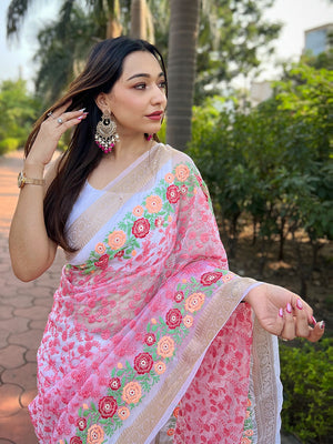 Pink Organza Silk Saree With Blouse Piece