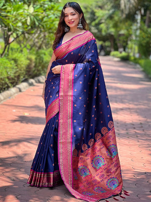 Blue Paithani Silk Saree With Blouse Piece